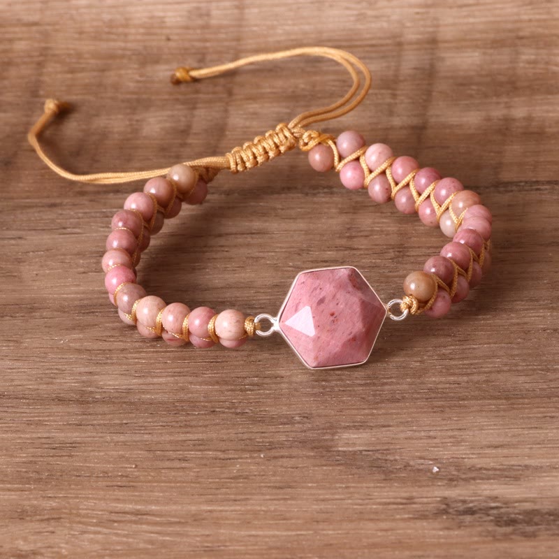 Olivenorma Hexagon Aquamarin Rhodochrosit Wickelarmband 