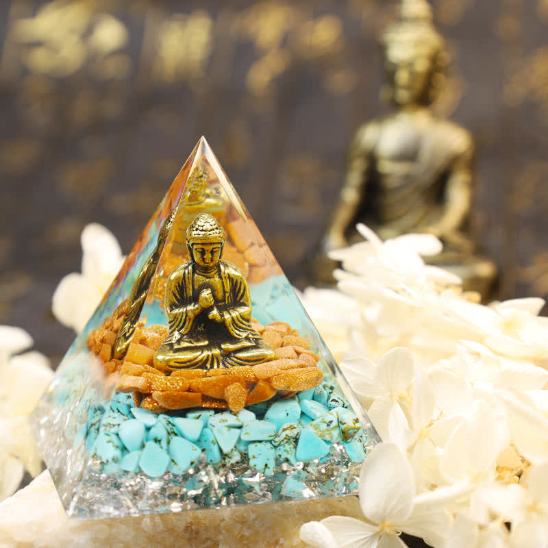 Olivenorma Sandstein mit Türkis Buddha Orgonen Pyramide 