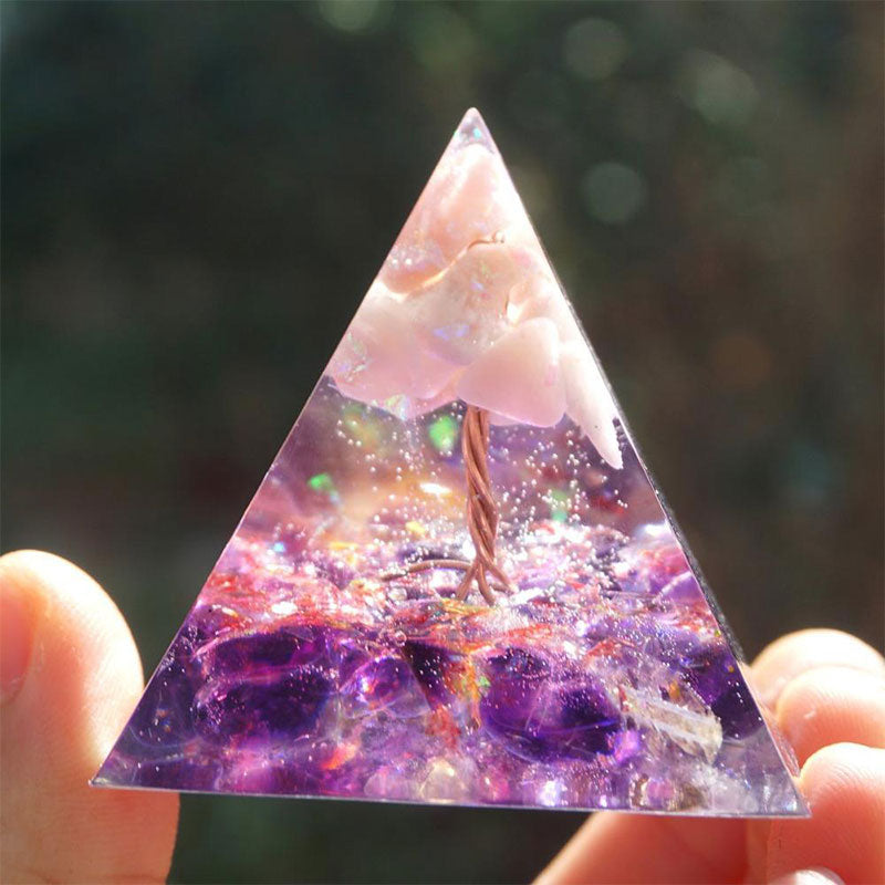 Olivenorma Baum des Lebens Pink Opal mit Amethyst-Orgon-Pyramide