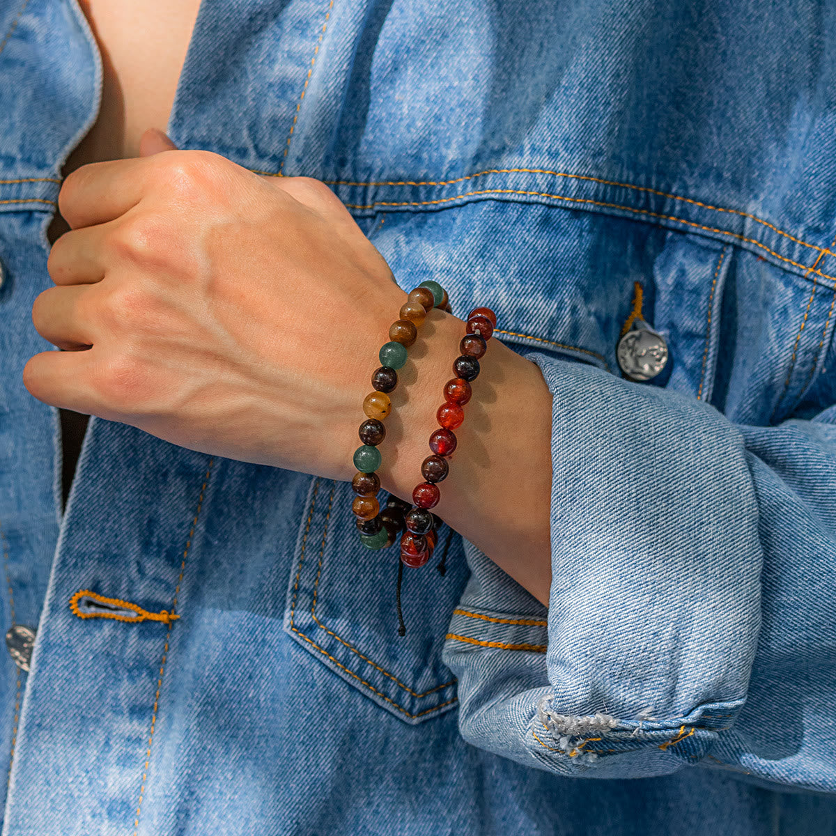 Olivenorma Natürlicher Achat Doppelt Geschichtetes Buntes Perlenarmband 