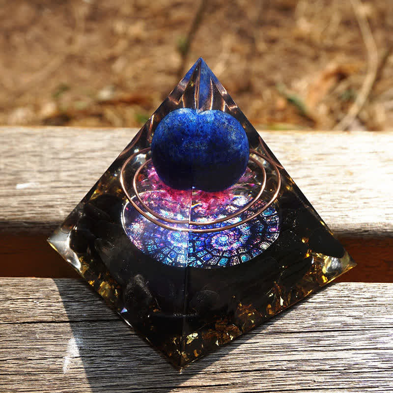 Olivenorma Lapislazuli-Kugel mit Obsidian-Orgon-Pyramide 