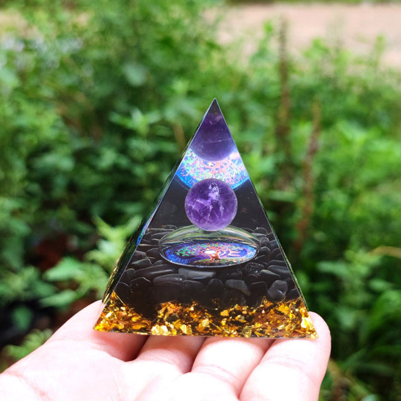 Olivenorma Amethyst-Kristallkugel mit Obsidian-Naturkristall-Orgonpyramide 