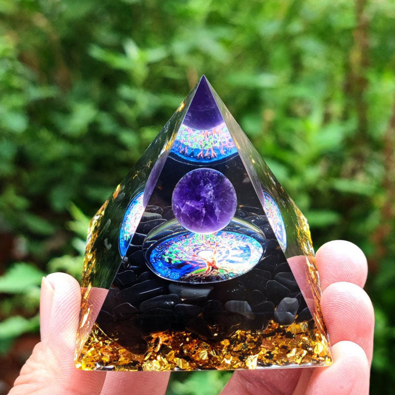 Olivenorma Amethyst-Kristallkugel mit Obsidian-Naturkristall-Orgonpyramide 