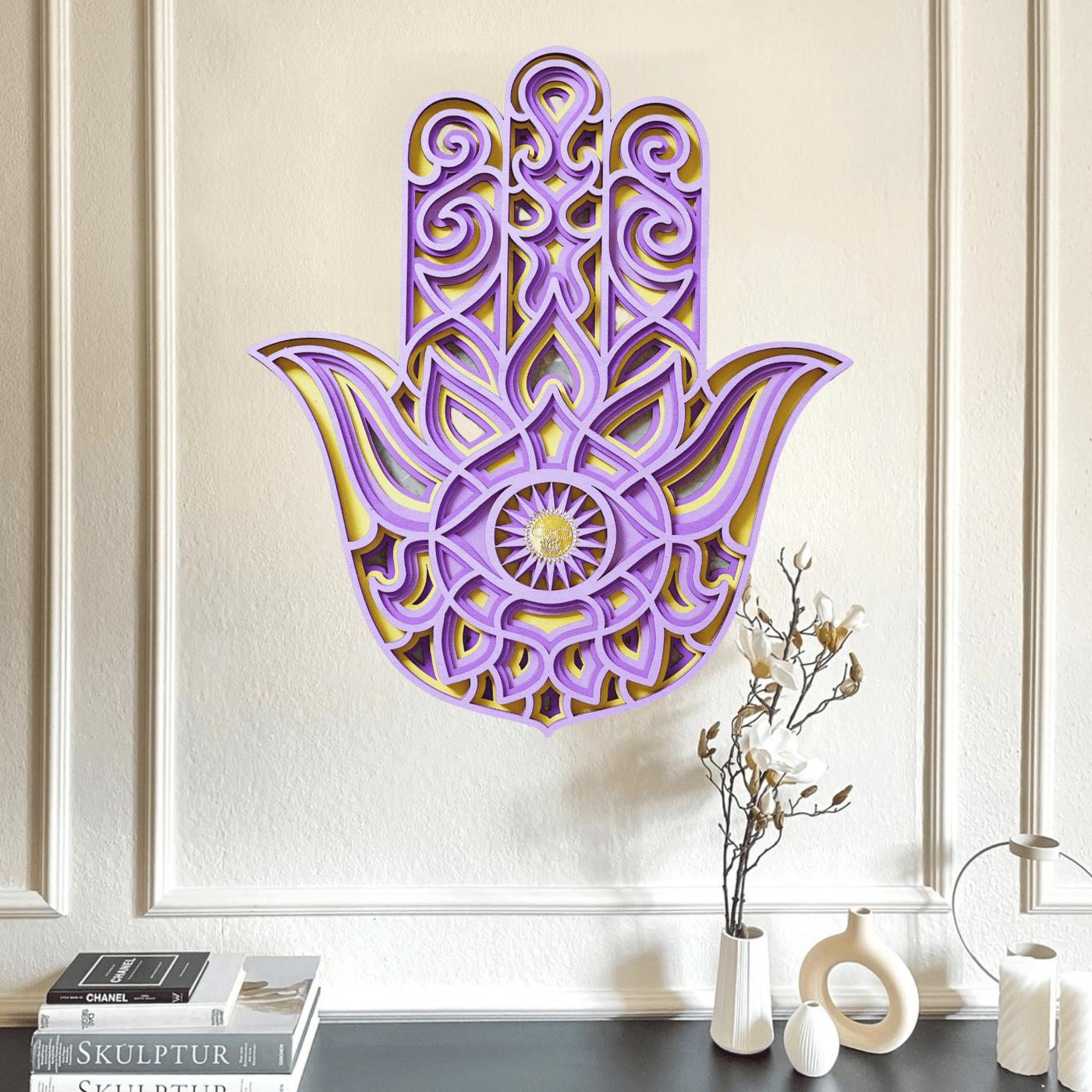 Olivenorma Lila Rosa Om Hamsa Chakra 3D Wanddekoration 