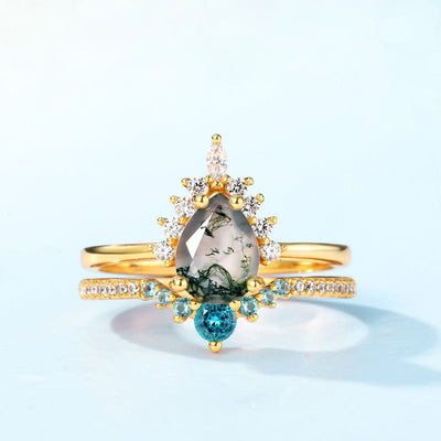 Olivenorma Moosachat Paraiba Turmalin 2 Stück 925 Silber Ring