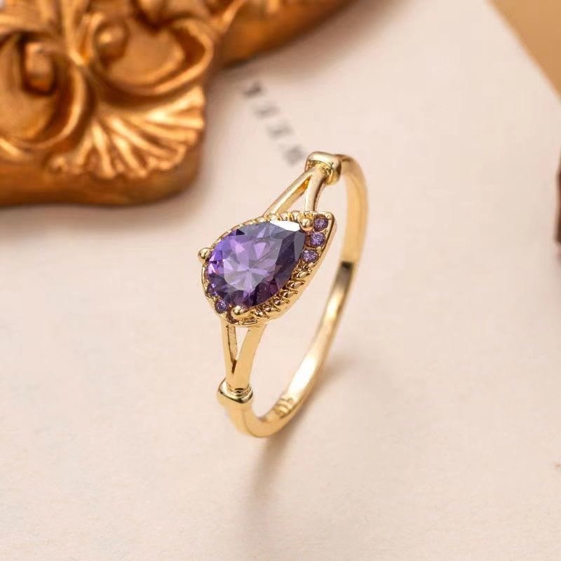 Olivenorma Amethyst Weißer Zirkon Wassertropfen Offener Verstellbarer Ring