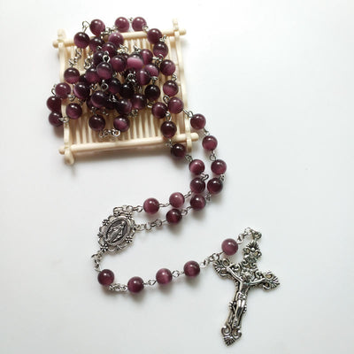 Olivenorma Lila Katzenauge Stein Kreuz Rosenkranz Halskette - image 3