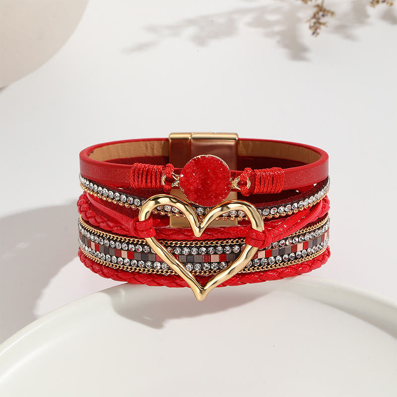 Olivenorma Multicolor Kristallcluster Metallic Herz Geflochtenes Lederarmband 