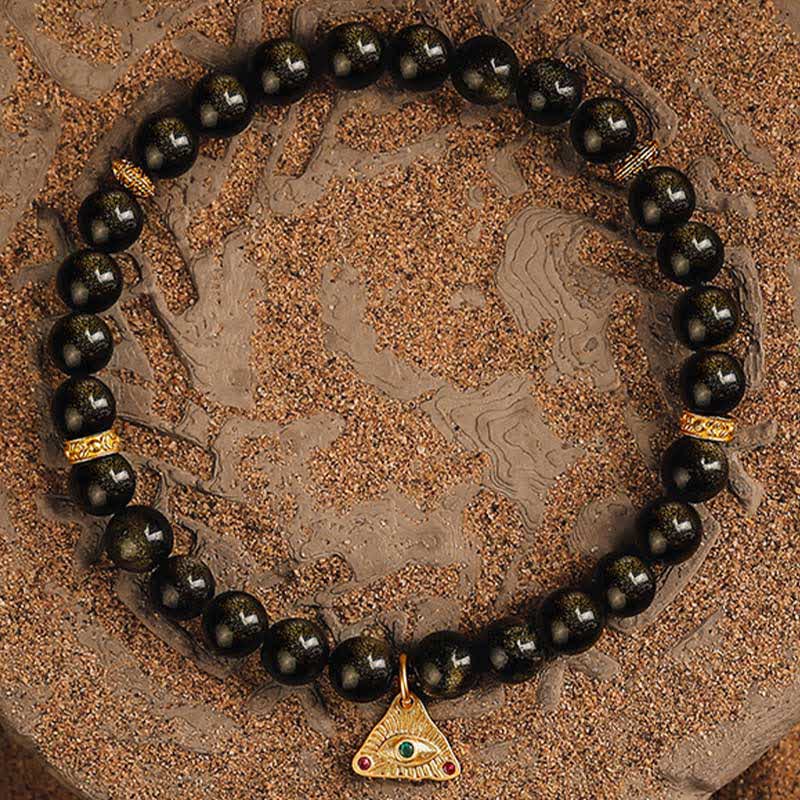 Olivenorma „Evil Eye“ Natürliches goldenes Obsidian-Perlenarmband 