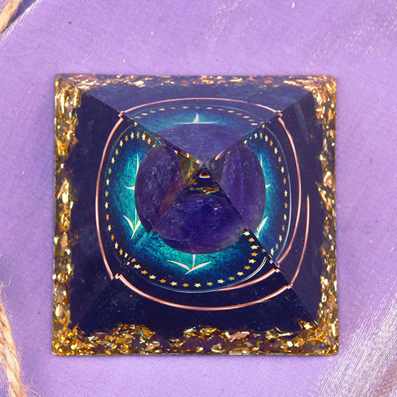 Olivenorma Amethystkugel mit Obsidian-Zodiac Schütze-Orgonpyramide