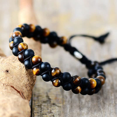 Olivenorma Tiger Eye und Schwarzer Onyx Perlen Geflochtenes Armband