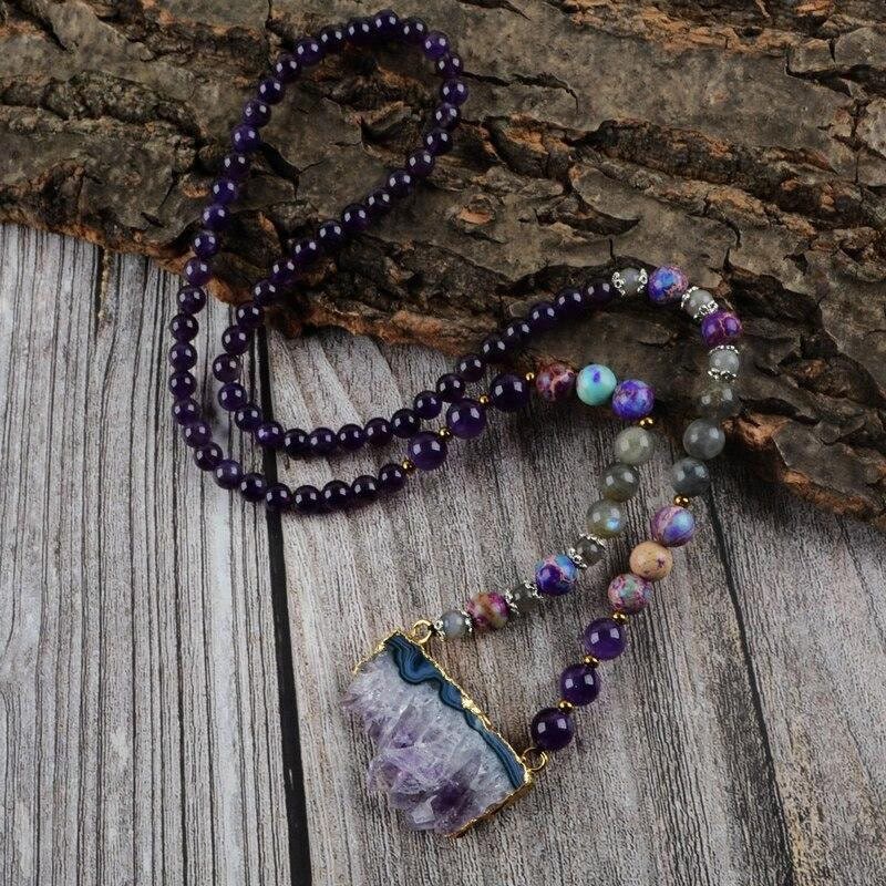 Olivenorma Regenbogen Fluorit Amethyst Kaiser Labradorit Mala Perlenkette 