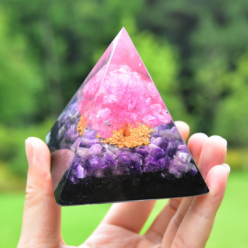 Olivenorma Baum des Lebens Amethyst Obsidian mit Rosa Kristall Orgon Pyramide 