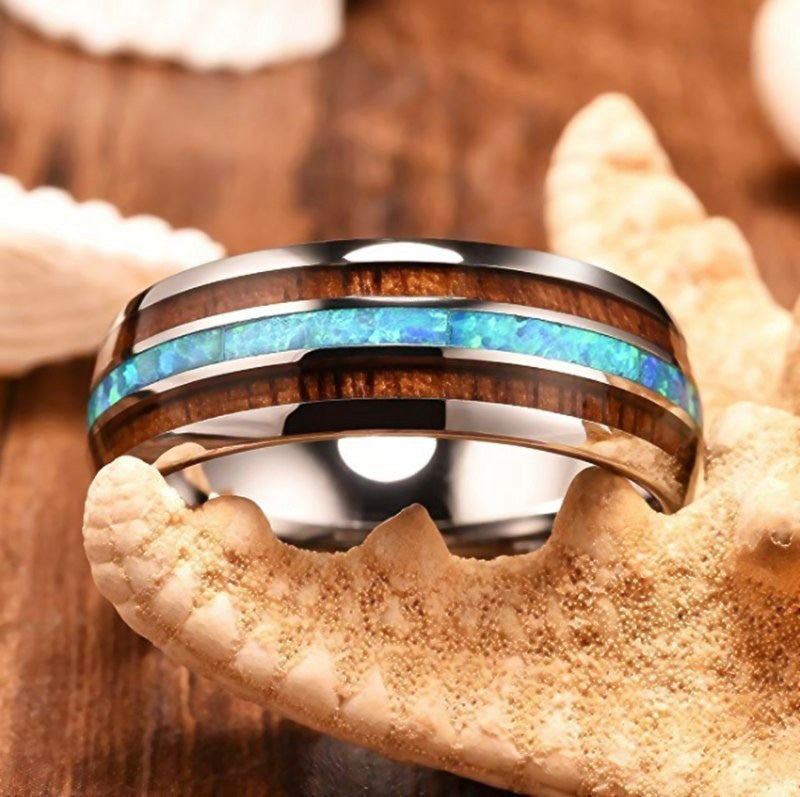 Olivenorma Koa Wood und Abalone Shell Wolframkarbid Ring