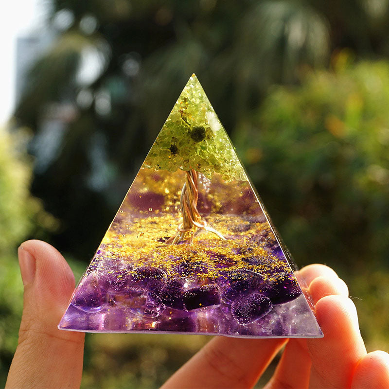 Olivenorma Peridot mit Amethyst Baum des Lebens Orgon Pyramide 