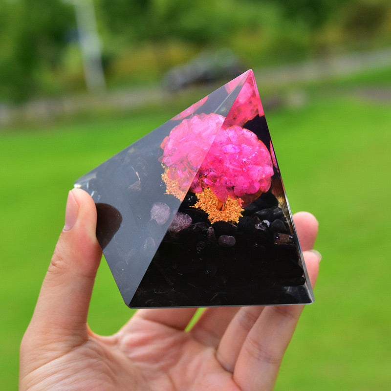 Olivenorma Obsidian mit rosa Kristall-Heil-Orgonpyramide