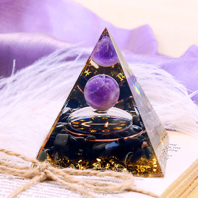 (Räumungsverkauf 30% Rabatt / CODE: OFF30) - Olivenorma Amethystkugel mit Obsidian Zodiac Schütze Orgon Pyramide