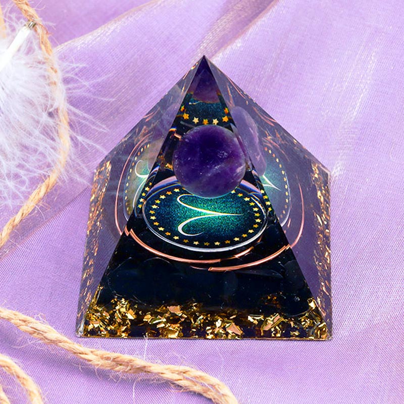 Olivenorma Amethystkugel mit Obsidian-Zodiac-Widder-Orgon-Pyramide 