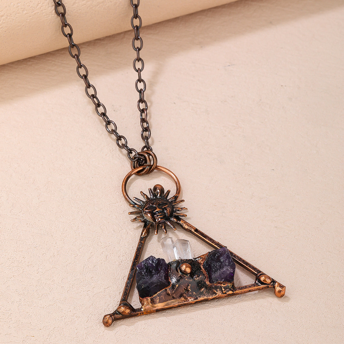 Olivenorma Kupfersonne Klarquarz Amethyst Edelsteinkette