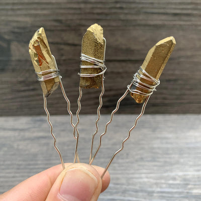 Olivenorma Handgefertigte Haarnadel mit Kristallfaden - Galvanisierter Goldquarz - image 20