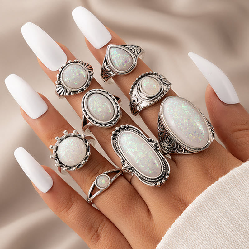 Olivenorma Rund Oval Opal 8-teiliger Ringset