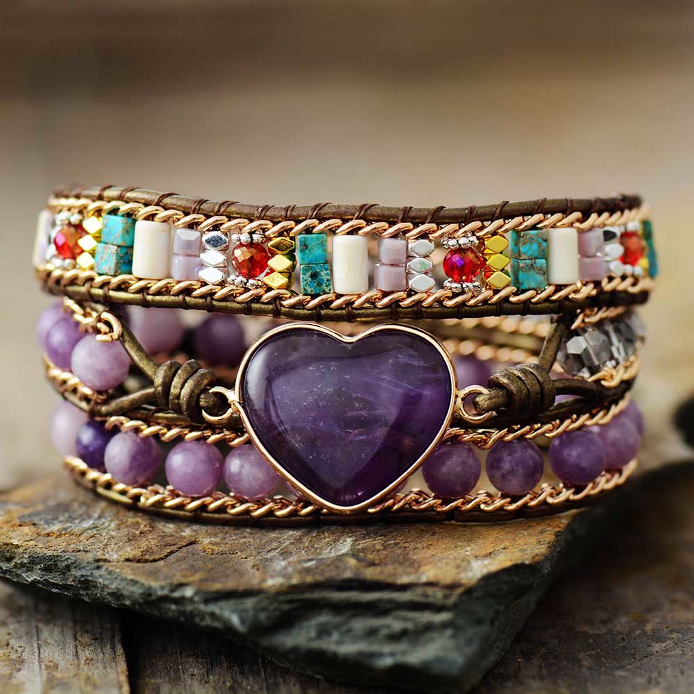 Olivenorma Amethyst Herz Charm Perlen Wickelarmband