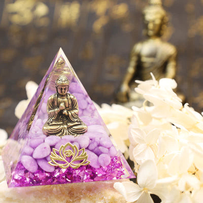 Olivenorma Buddha Lotus mit lila Jade Orgon Pyramide