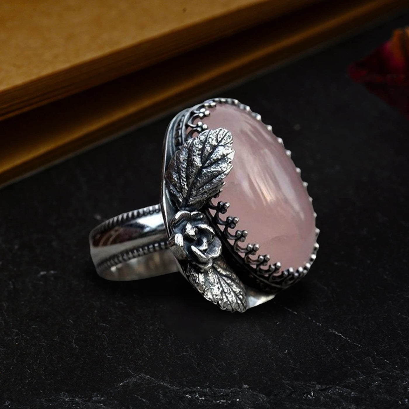 Olivenorma Cotyledon Flower Accessory Oval Rose Quartz Ring