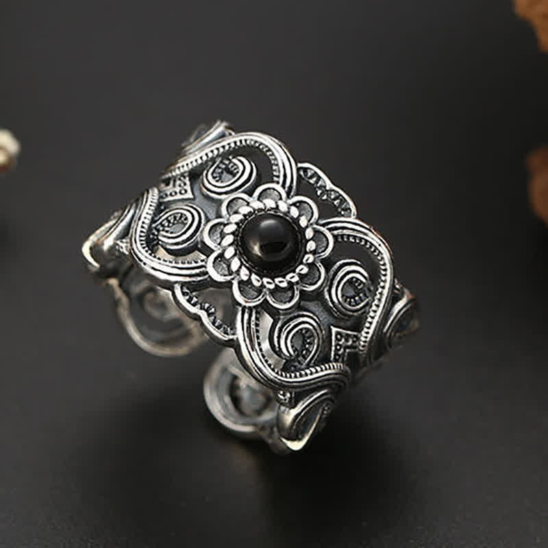 Olivenorma Ethnischer Einstellbarer Ring mit Schwarzem Onyx-Muster