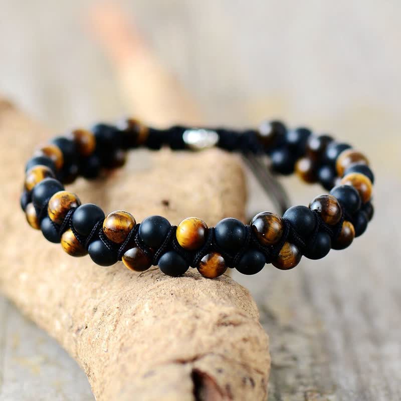 Olivenorma Tiger Eye und Schwarzer Onyx Perlen Geflochtenes Armband 