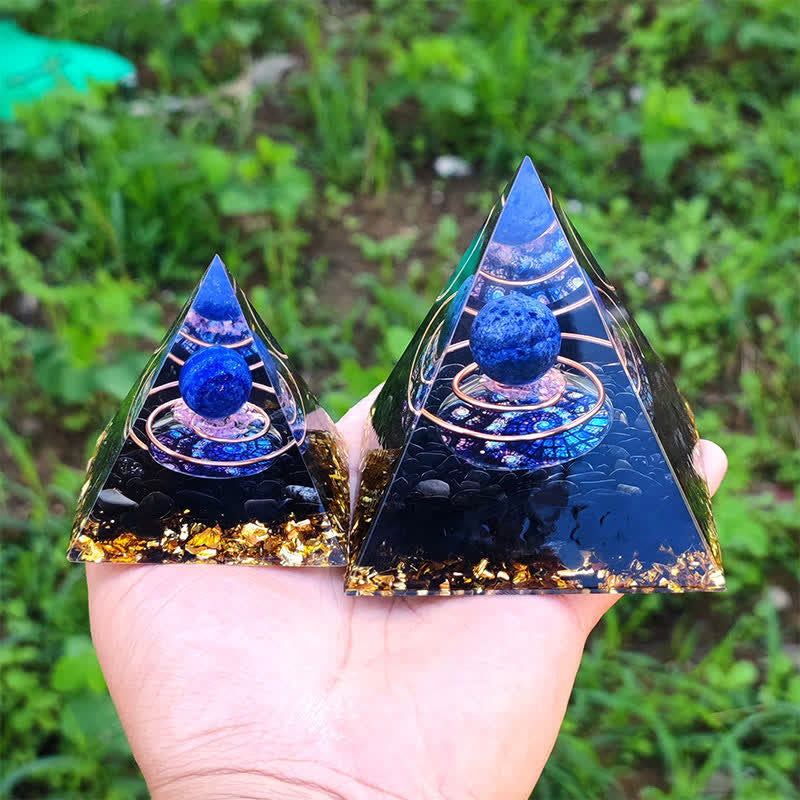 Olivenorma Lapislazuli-Sphäre mit Obsidian-Orgon-Pyramide