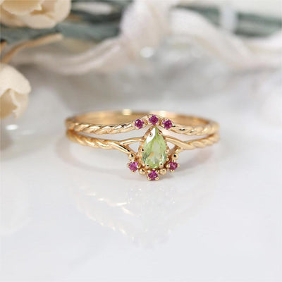 Olivenorma Zierliches Peridot Pink Kristall Stapelbares Verstellbares Ringset 