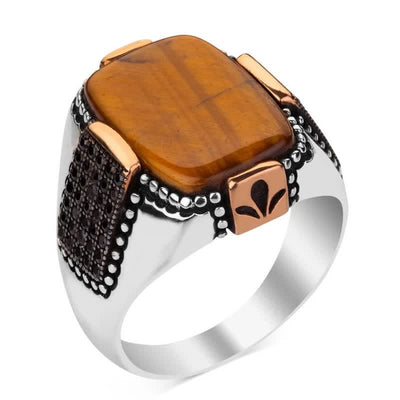 Olivenorma Square Tiger Eye Männer Breitkrempiger Ring