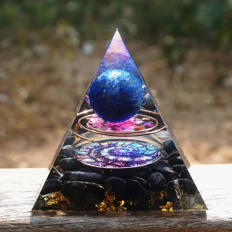 Olivenorma Lapislazuli-Sphäre mit Obsidian-Orgon-Pyramide