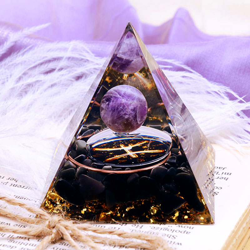 Olivenorma Amethystkugel mit Obsidian Zodiac Pisces Orgone Pyramide