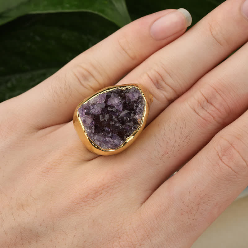 Olivenorma Gold Natürlicher Verstellbarer Amethyst Edelsteinring 