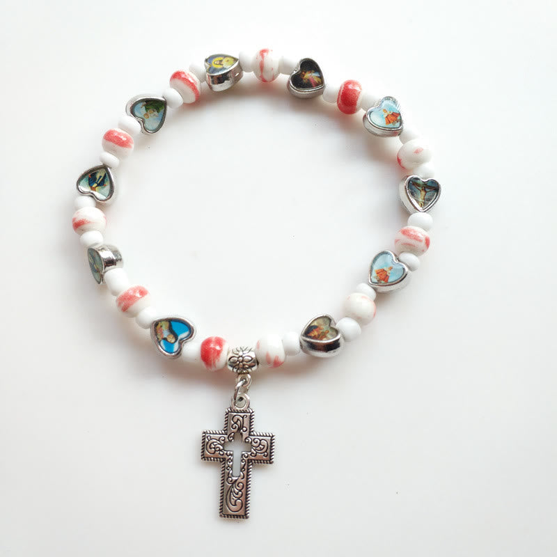 Olivenormacolorful Natursteinperlen Christentum Kreuz Armband 