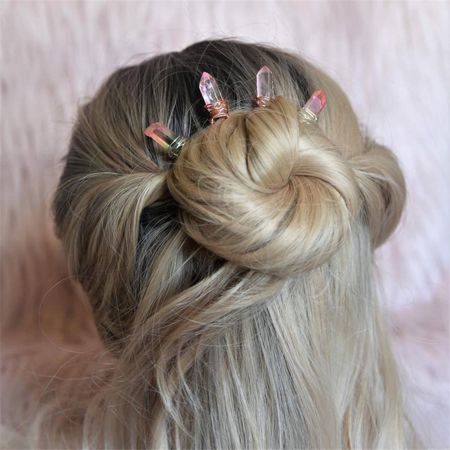 Olivenorma Handgefertigte Haarnadel mit Kristallfaden - Rosa-blauer Titanquarz - image 4