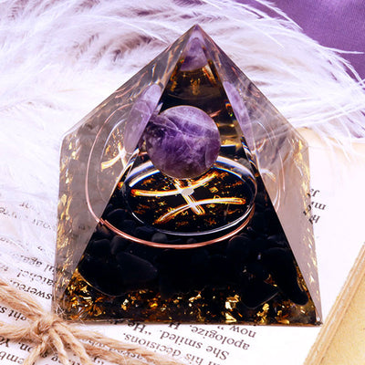 Olivenorma Amethystkugel mit Obsidian Zodiac Pisces Orgone Pyramide