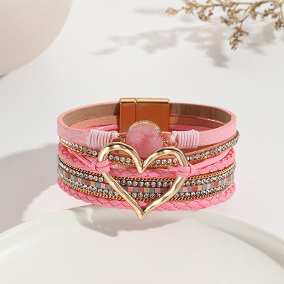 Olivenorma Multicolor Kristallcluster Metallic Herz Geflochtenes Lederarmband 