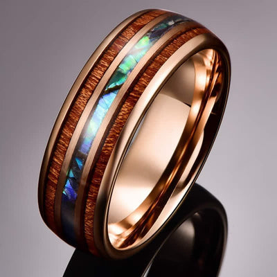 Olivenorma Koa Wood und Abalone Shell Wolframkarbid Ring