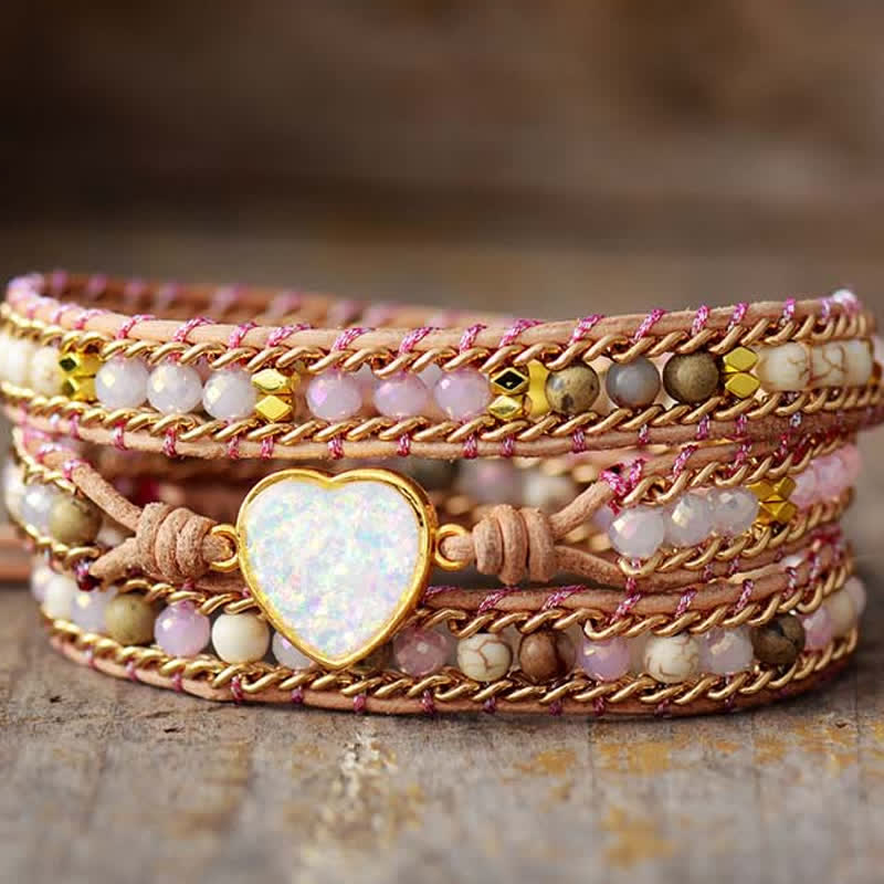 Olivenorma Rosenquarz Opal Herzförmiger Anhänger-Perlen Wickelarmband 