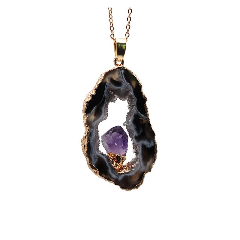 Olivenorma Halskette mit natürlichem Achat und Geode und Amethyst 