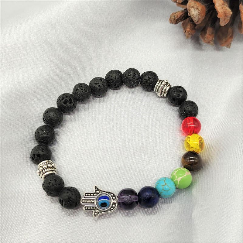 Olivenorma Buntes Chakra Böses Auge Hamsa Perlenarmband