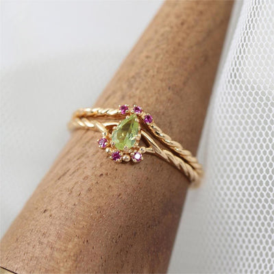 Olivenorma Zierliches Peridot Pink Kristall Stapelbares Verstellbares Ringset 