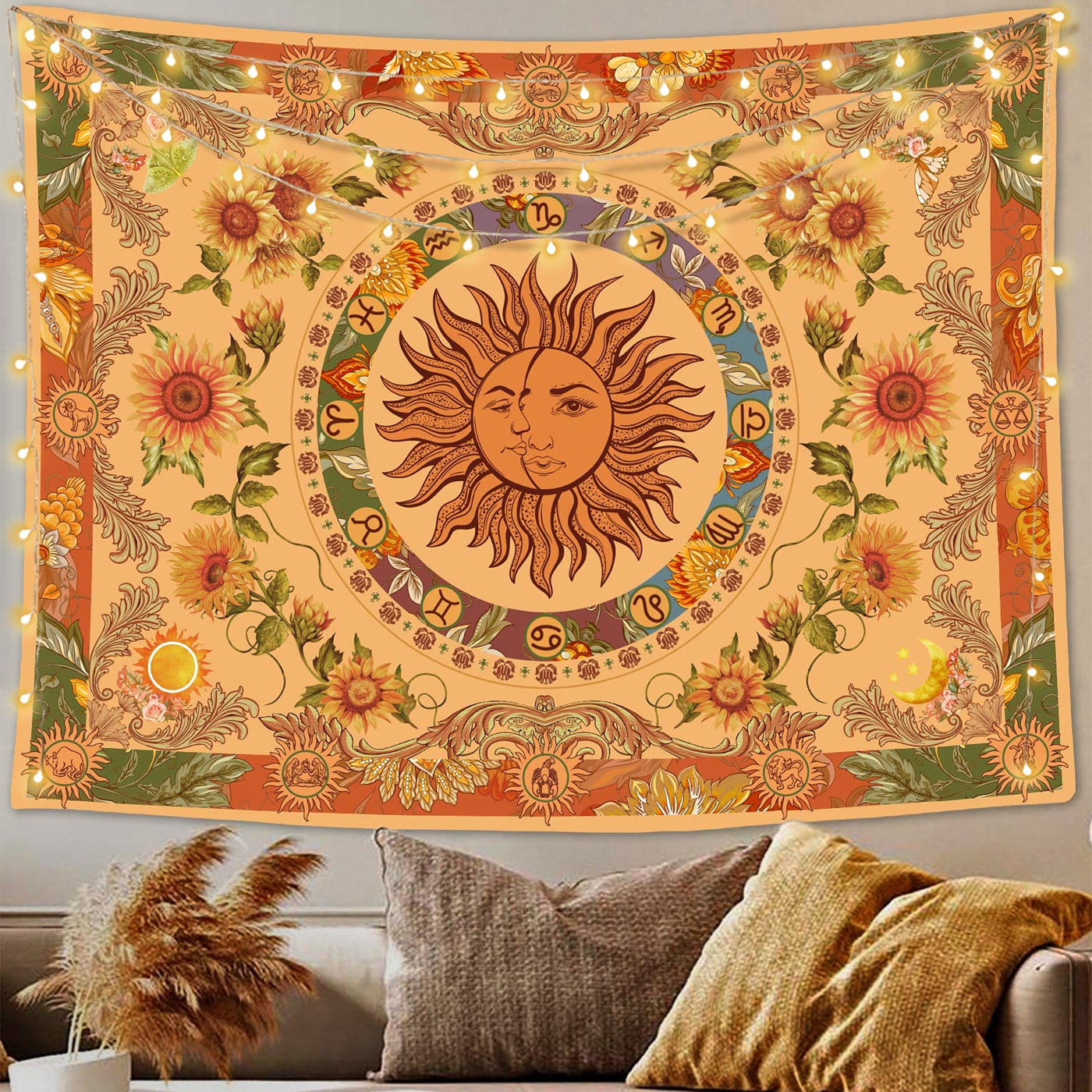 Olivenorma Gelb Orange Sonne und Mond Sonnenblume Wandteppich 