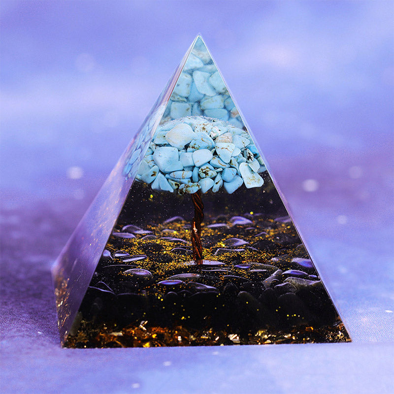 Olivenorma Obsidian mit türkiser Glücks-Orgon-Pyramide