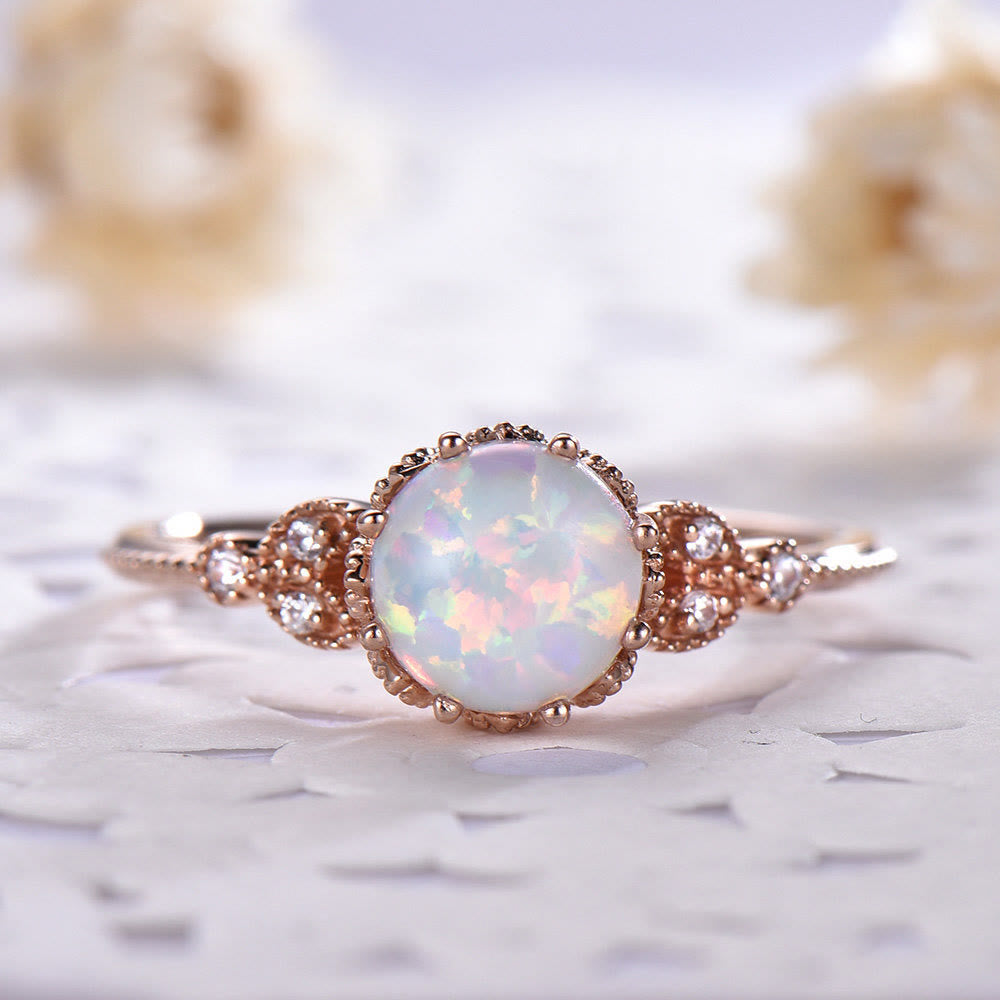 Olivenorma Runder Mondstein Opal Weißer Zirkon Ring 