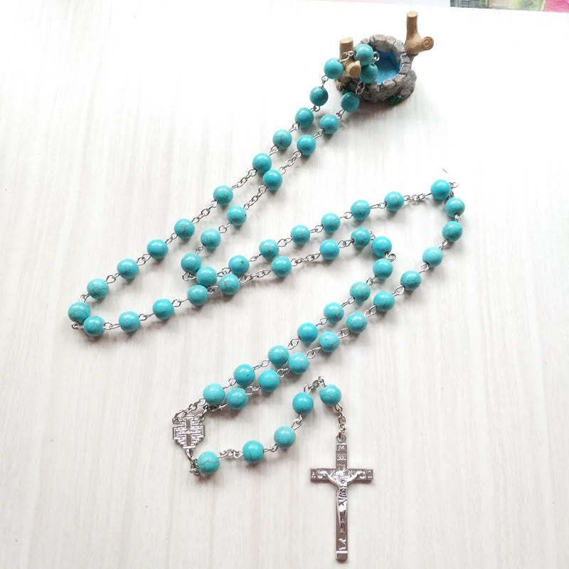 Olivenorma Türkis Kreuz Charm Rosenkranz Halskette - image 4