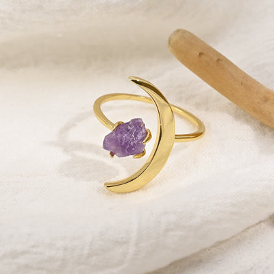 Verstellbarer Heilring mit Stern und Mond aus Amethyst